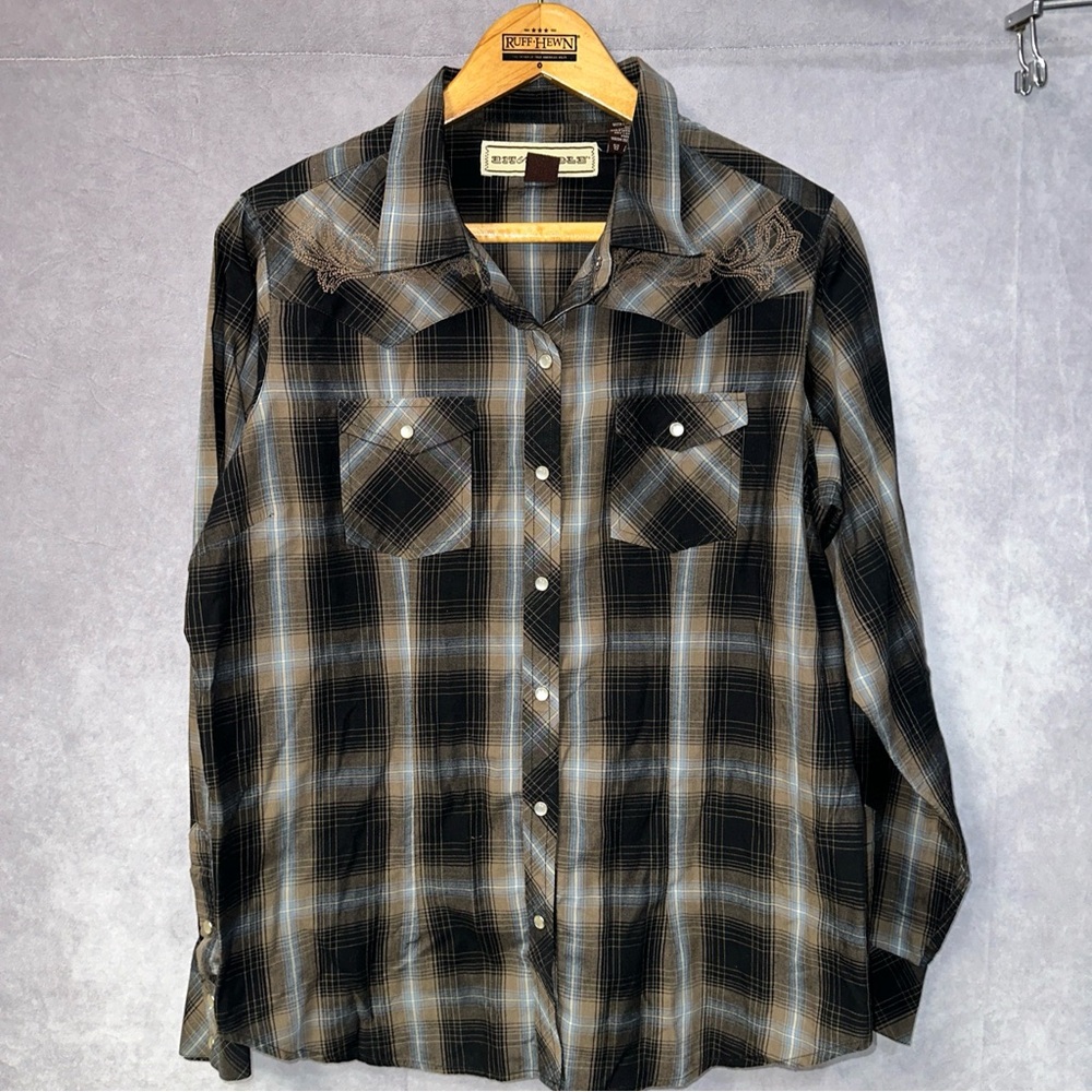 Bit and Bridle Women’s Shirt L Large Pearl Snap Flannel Long Western Plaid Black